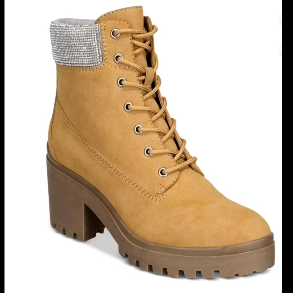 Wild Pair Tan Lace Up Boots with Rhinestone Collar